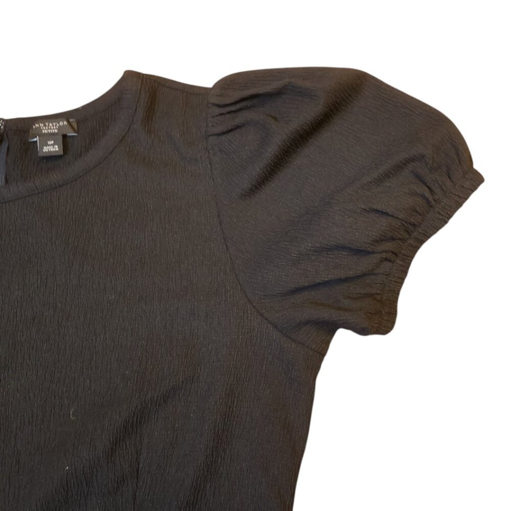 Ann Taylor Factory Black Puff Sleeve Dress Full Skirt Zip Back Sz 12P Normcore - Picture 8 of 15